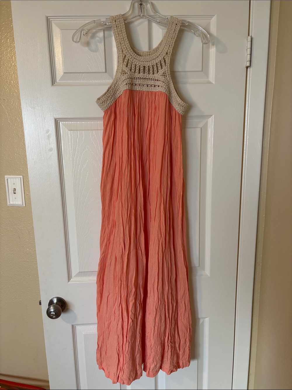 Chelsea & Violet Coral Maxi Dress with Cream Crochet Halter
